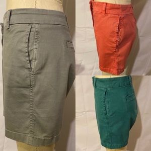 Lot of 3-7” Chino Shorts — Green, Coral & Lt Grey
